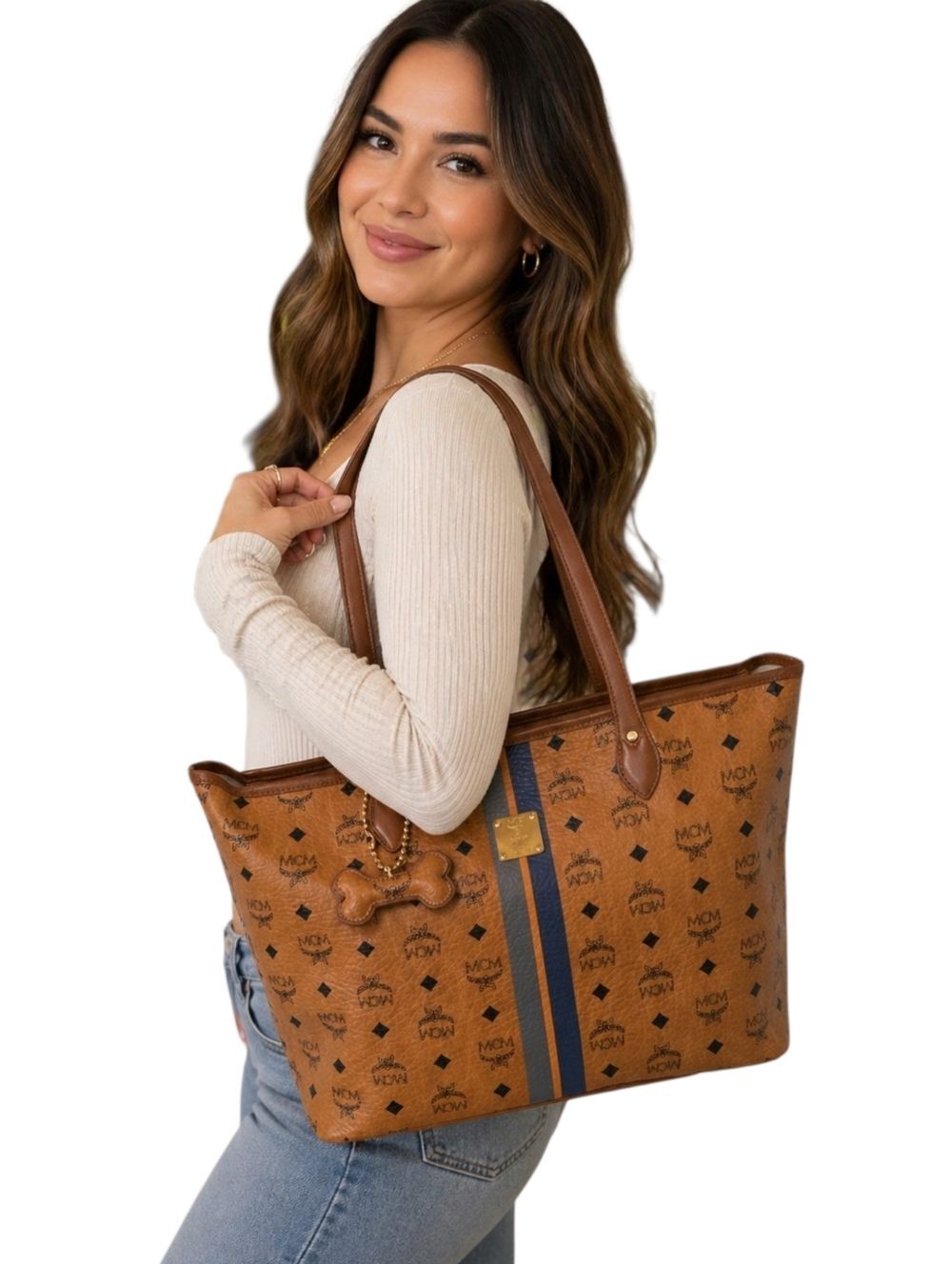 MCM Cognac Visetos Canvas Tote Bag Signature Logo Print Dog Bone Charm